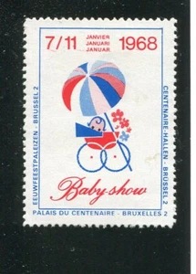 Póster Sello Etiqueta 1968 BABY SHOW Bruselas Bélgica Carruaje Cochecito Paraguas - Imagen 1 de 2