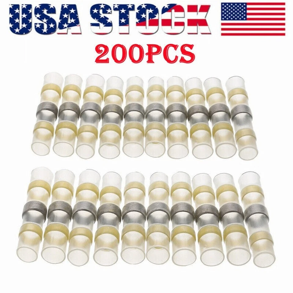 200X Solder Connectors 12-10 AWG Heat Shrink Butt Wire Terminals Seal Sleeve Kit - Image 1 of 4