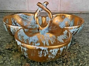 Mid Century STANGL Pottery 3 Bowl Nut/Candy Server Gold & Turquoise Hand Painted - Picture 1 of 3