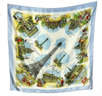 Vintage Italian J Dormont Paris Satin Souvenir Baby Blue Scarf 30 square - Image 1 of 4