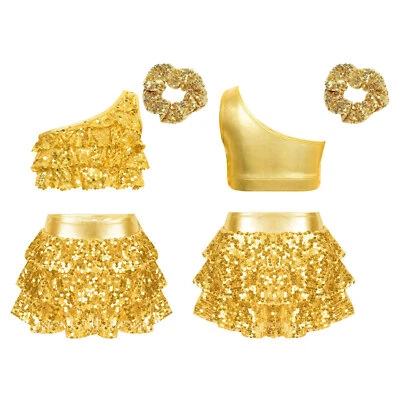 UK Kids Girls Salsa Rumba Sequin Dance Outfits Latin Hip Hop Performance Costume - Image 1 of 4
