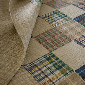 BEAUTIFUL BLUE TAN BROWN GREEN RED BEIGE BEDSPREAD COZY CABIN PLAID COTTON QUILT