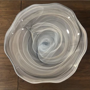 Hand Blown Glass Decorative Bowl Murano Style White Gray & Black Swirl Rare VTG - Picture 1 of 21