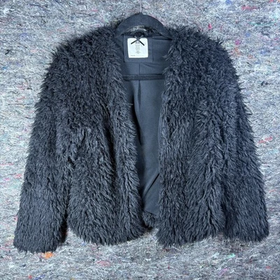H&M Jacket Womens 12-14Y Black Faux Fur Shaggy Open Front Lined Cozy Clutch Coat - Image 1 of 4