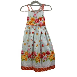 Bonnie Jean White Blue Striped Floral Dress Size 14 Strappy Smocked Cottagecore - Picture 1 of 11