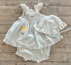 Vintage The Mayfair Co Blue White Baby Dress Set Bloomer Bonnet Size 0-3 Mo NWT - Picture 1 of 15