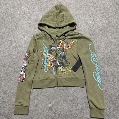 Sudadera con Capucha Ed Hardy Para Mujer Grande Oliva Clara Cremallera Tatuaje Gráfico Sudadera Foto 1 de 4