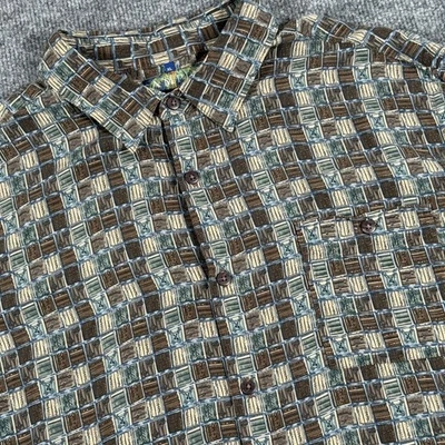 Camisa Campia Para Hombre XL Marrón Azul Patrón Geométrico Manga Corta Rayón Abotonada Foto 1 de 4