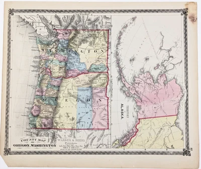 1875 WASHINGTON - OREGON - ALASKA Map ORIGINAL - ANTIQUE (16X13) RAILROADS - Image 1 of 3