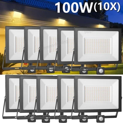 10x LED Fluter mit Bewegungsmelder 100W Warmweiß Außen Strahler Scheinwerfer DE - Bild 1 von 4