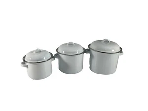 Unbranded Set of 3 White Enamel Steel Stockpots w Lids 3.5 2.25 1.5 Quarts Retro - Picture 1 of 11