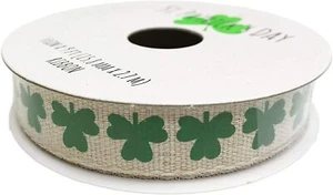 Happy St. Patrick's Day Green Shamrocks on Natural Color Ribbon 5/8''x 9' New - Picture 1 of 1