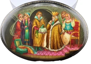 Vintage handbemalte russische Lack ovale Schmuckschatulle Fedoskino Pegockuho - Bild 1 von 13