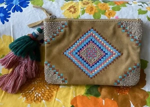 Embroidered Suede Leather Clutch Purse with Tassels Like New Boho Retro - Picture 1 of 9