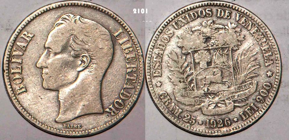 Moneda de Plata 5 Bolívares Venezuela 1926 Plata Fina Libertad 90% Corona #2101 Llave Foto 1 de 1