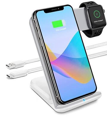 2 in 1 Fast Qi Wireless Charging Dock Stand 10w for Apple iPhone iWatch WHITE - Image 1 of 4