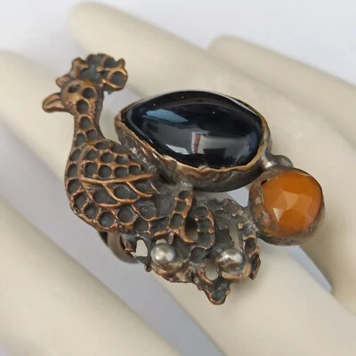 Anel OOAK Pedras Naturais Pavão Maciço Chunky Vintage Boho Declaração Artesanal - Imagem 1 de 4