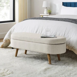 Footrest Storage Ottoman Bench Linen Upholstered Bench End of Bed Bench - Picture 1 of 60