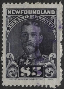 Canadá 1910 VanDam #NFR21 $5,00 violeta, perf 12, Nfld. Inland Revenue, usado - Imagen 1 de 1
