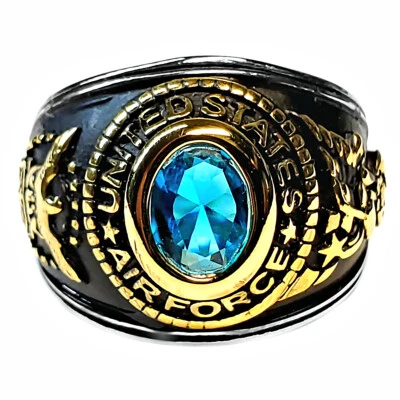 Anillo de acero inoxidable bicolor unisex simulado topacio azul suizo de la Fuerza Aérea de los Estados Unidos Foto 1 de 3