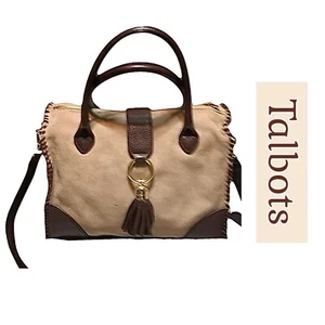 NWT Talbot’s Suede And Leather Equestrian Bag Natural with Brown Leather Trim - Picture 1 of 11