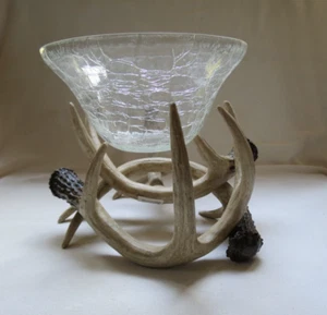 Faux Deer Antler Bowl Holder With Crackle Glass Bowl - Picture 1 of 7