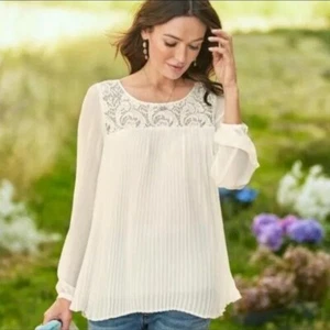 Sundance Guinevere Ivory Baby Doll Crochet Swing Top Pleated Blouse Boho Sz M - Picture 1 of 12