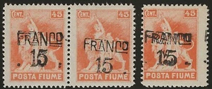 1919-20 Fiume - Posta Fiume 15 su 45 c. doppia soprastampa coppia e singolo MH* - Foto 1 di 1
