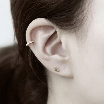 14k Solid Gold CZ Hoop Earring, Second Hole Helix Cartilage Earring, Single - Image 1 of 4