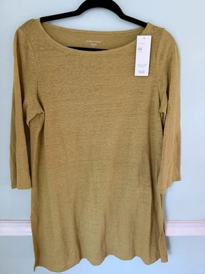 Vestido Eileen Fisher pequeno linho manga longa túnica minimalista amarelo orgânico - Imagem 1 de 4