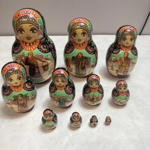 Vintage Winter russische handbemalte Matroschka 10 Stück verschachtelte Puppe 7 Zoll - Bild 1 von 13