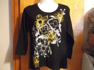 NEW JUST MY SIZE BLACK PULLOVER SCOOP NECK T' w" L/S & SPARKLELY  FLORAL PRINT - Picture 1 of 3