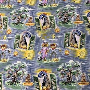 Halloween Blue Fabric Scarecrows, Pumpkins, Spiders, Bats by the Yard Cotton - Picture 1 of 4