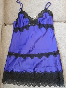 NWT Victoria's Secret Bluish Purple Satin Babydoll Cami Lingerie, Black Lace, Sm - Picture 1 of 7