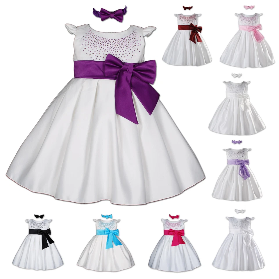 CINDA Baby Satin Taufe Party Kleid mit passendem Stirnband 0-3 bis 18-24 Monate