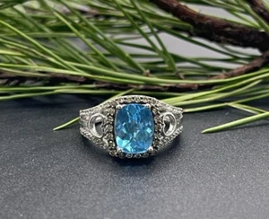 10kt White Gold Blue Topaz Diamond Ring Sz 6 - Picture 1 of 14