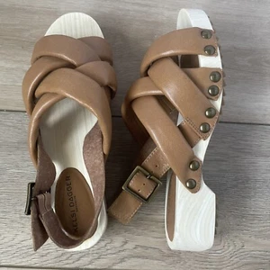 Anthropologie KELSI DAGGER Brooklyn Grove Sandals Tan Leather Wooden Sz 8 or 8.5 - Picture 1 of 9