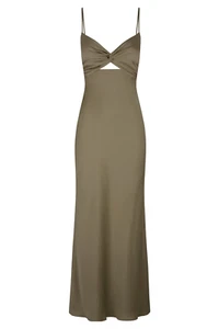 Shona Joy Khaki Twist Front Midi Dress AU 8 Luxe Sleeveless Look - Imagen 1 de 4