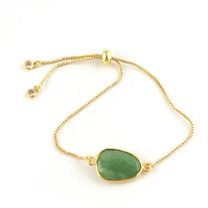 Green Strawberry Quartz CZ Quartz Yellow Gold Plated Slider Lock Chain Bracelets - Picture 1 of 16