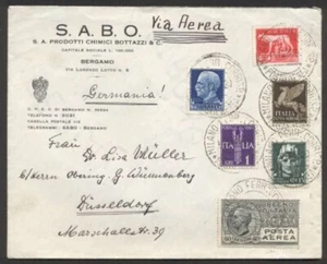 Italy To Germany Airmail Cover 1936 Multiple Franking w 6 Stamps & Advertising - Picture 1 of 2