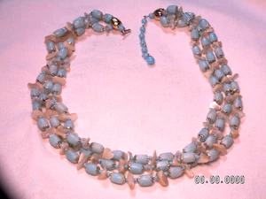 Vintage Japon 3-Strand Ton Doré, Argent Ton, Bleu Lucite, Nacre Collier - Photo 1 sur 7