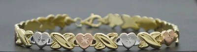 Real 10K Solid Multi-Tone Gold 7.5" XO Love Charm 7mm Heart & Kisses Bracelet - Image 1 of 4