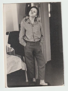 Photo Girl Cute baby face braids bows Wearing men's clothes Imagining VTG - Picture 1 of 2
