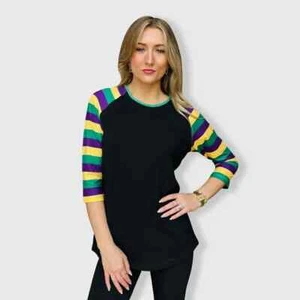 Women's Mardi Gras Striped Sleeves Black Top - Picture 1 of 4
