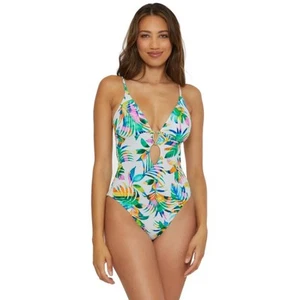 BECCA Womens Isla Verde One Piece Swimsuit Medium White Green Plunge Cut Out NWT - Picture 1 of 13