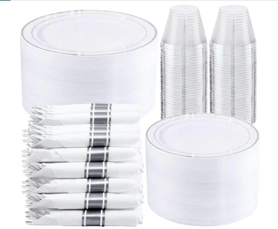 Juego de 350 piezas - Juego de cubiertos y tazas desechables de plástico plateado para 50 invitados Foto 1 de 4