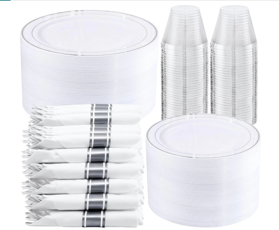 350 Pc Set- Silver Plastic Plates Disposable Silverware & Cups Set for 50 Guests - Image 1 of 4