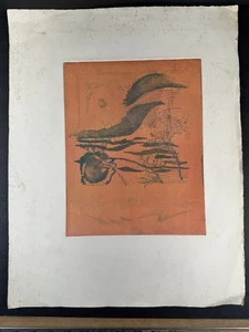 Vintage Abstrakte Moderne Kunst Lithographie Orange Rot Surrealistischer Stil Druck - Bild 1 von 10