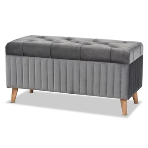 Baxton Studio Hanley Grey Velvet Fabric and Brown Finished Wood Storage Ottoman - Picture 1 of 11