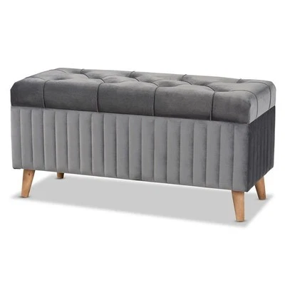 Baxton Studio Hanley Grey Velvet Fabric and Brown Finished Wood Storage Ottoman - Image 1 of 4